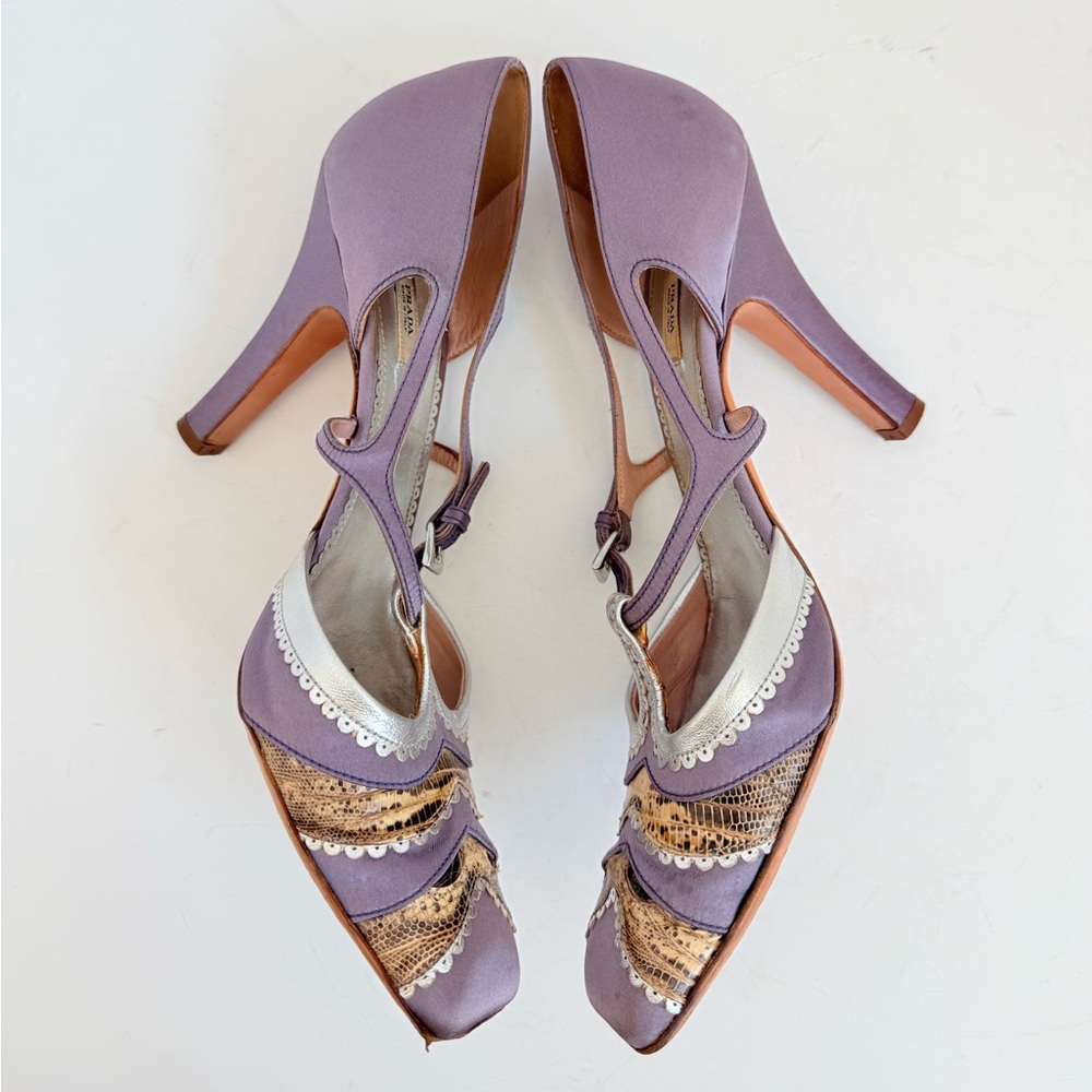 Prada Vintage Lilac Satin Snakeskin Trim Cutout Mary Jane T-Strap Heels EU38 - Picture 6 of 11